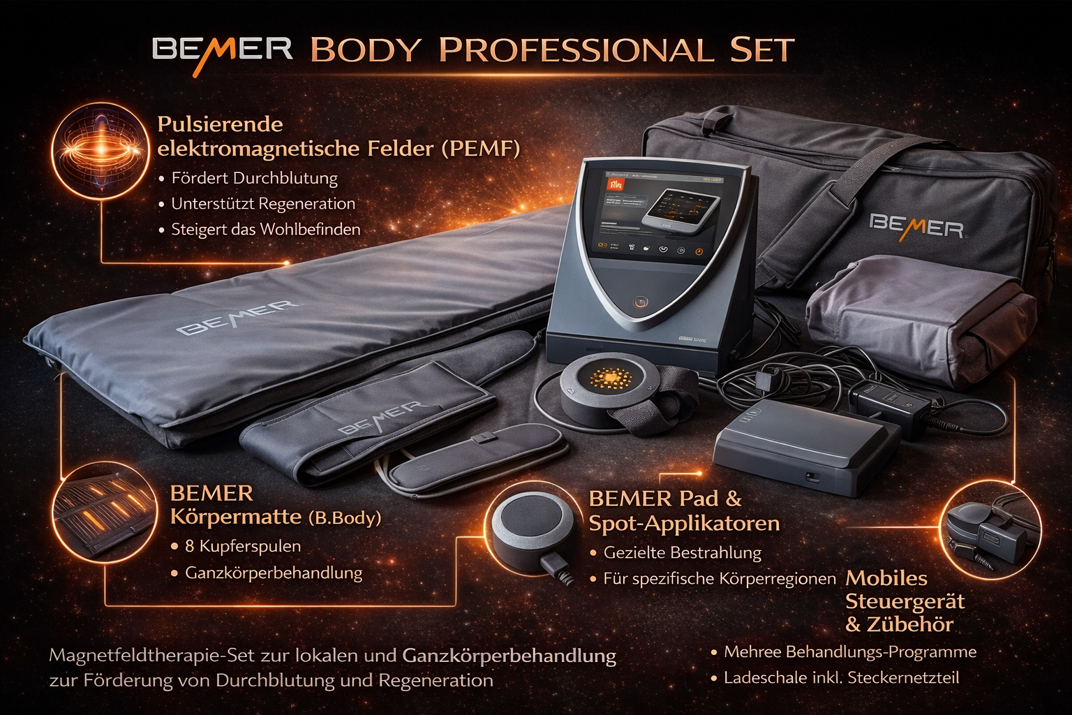 BEMER Body Professional Set mit Uebersicht zu PEMF, Koerpermatte und Zubehoer