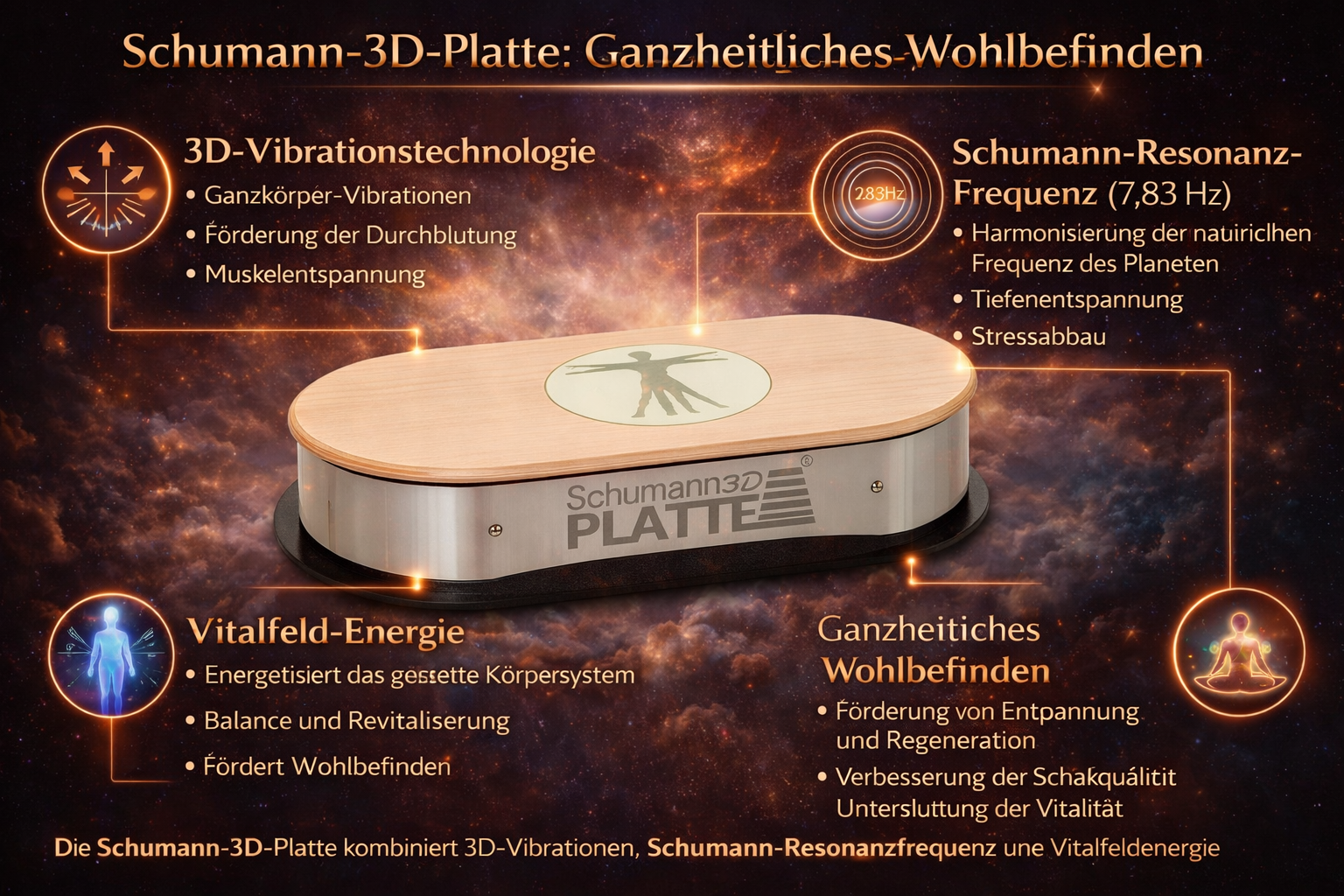 3D Schumann Platte mit Uebersicht zu Schwingung, Resonanz und Wohlbefinden