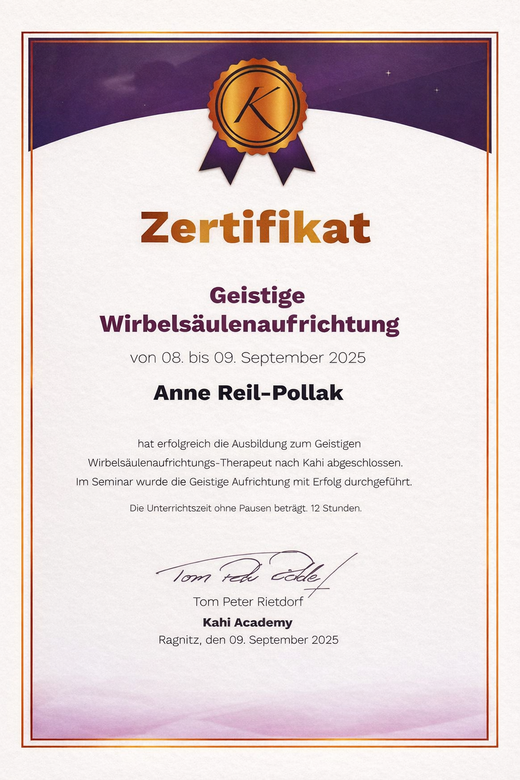 Zertifikat fuer die Ausbildung Kahi Live Coach Tools